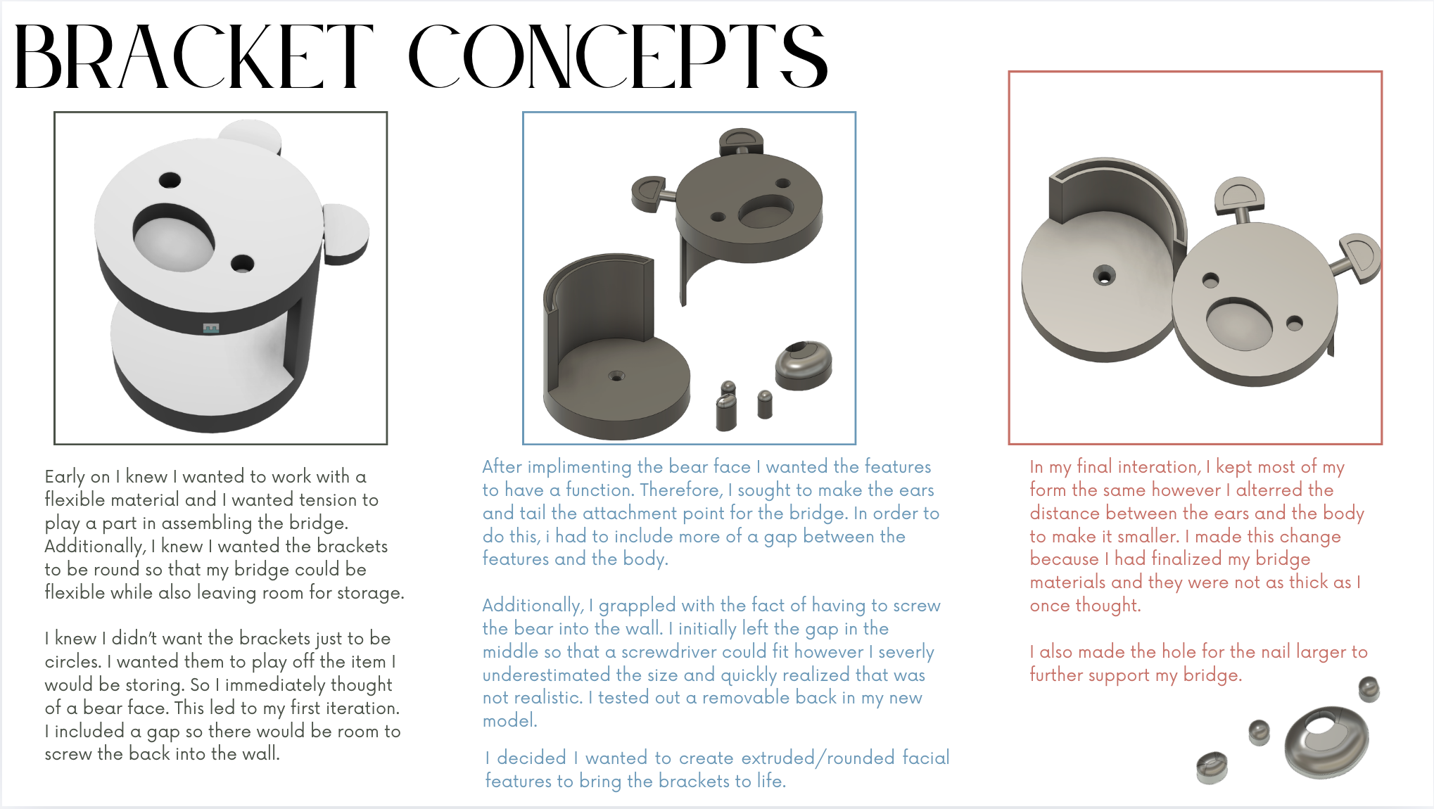 Three CAD iterations of the bear-shaped Cub Corner bracket