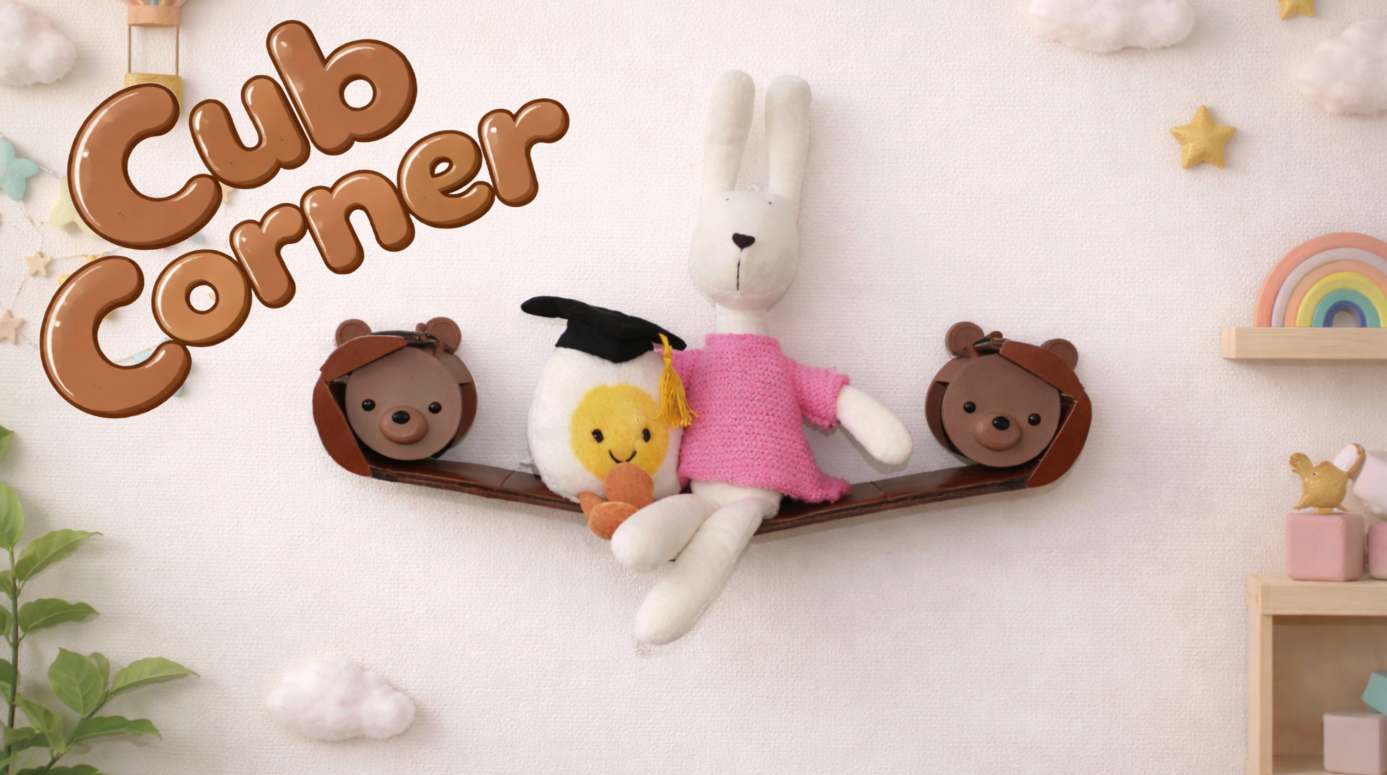 Cub Corner shelf mounted on a nursery wall and holding plush toys