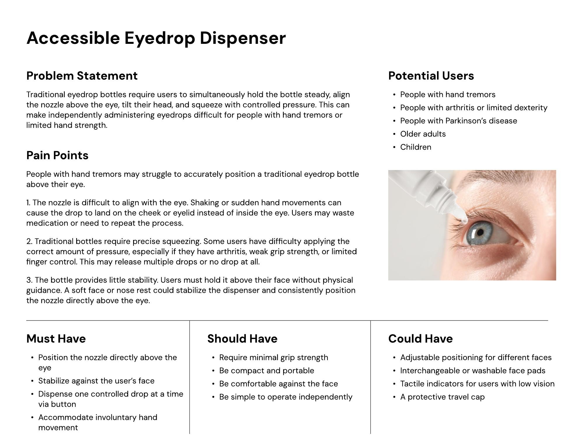 Accessible Eyedrop Dispenser market research brief outlining the problem, potential users, pain points, and design requirements