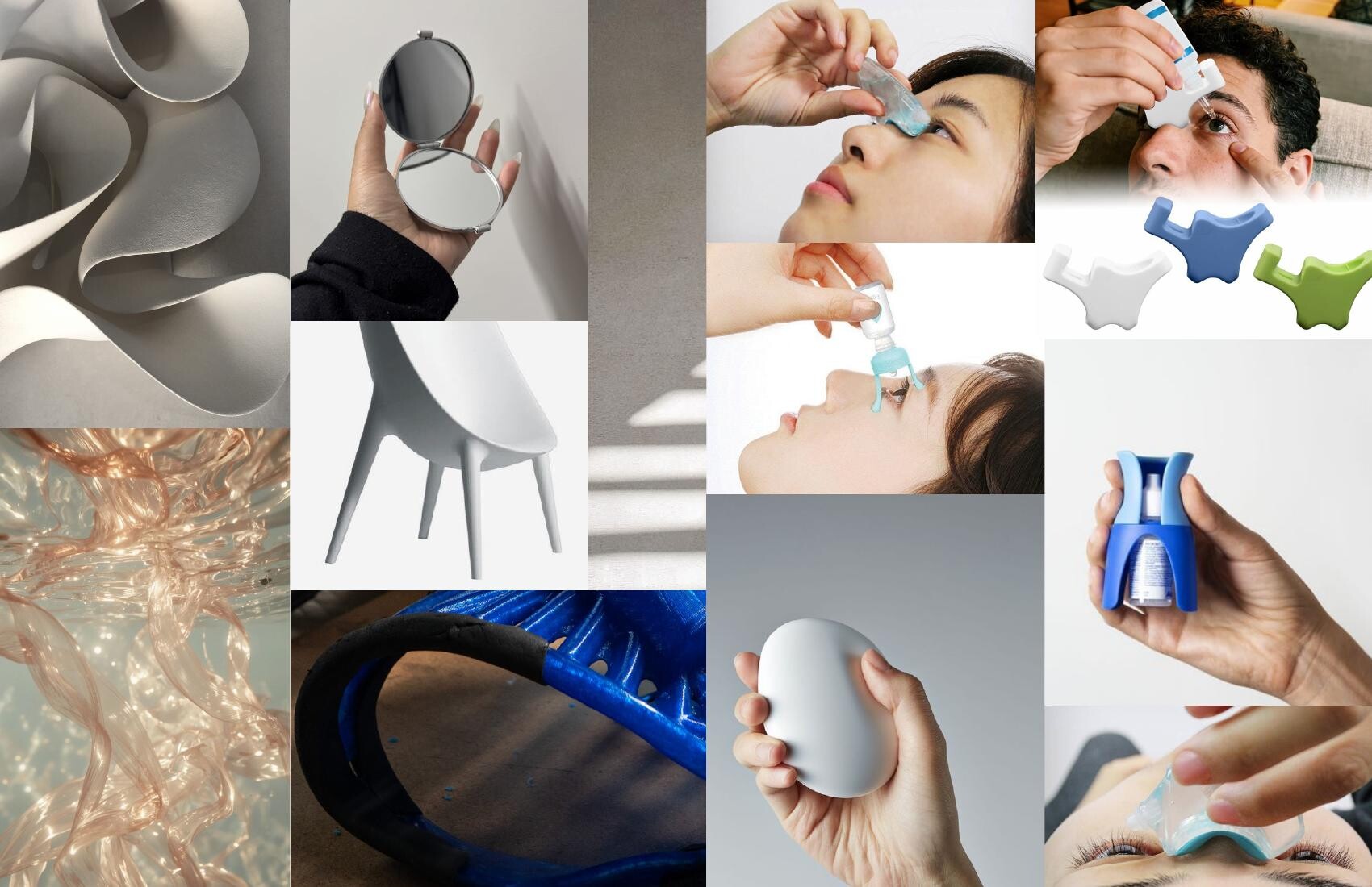 Visual research into eyedrop aids, soft forms, hand grips, and face-supported products