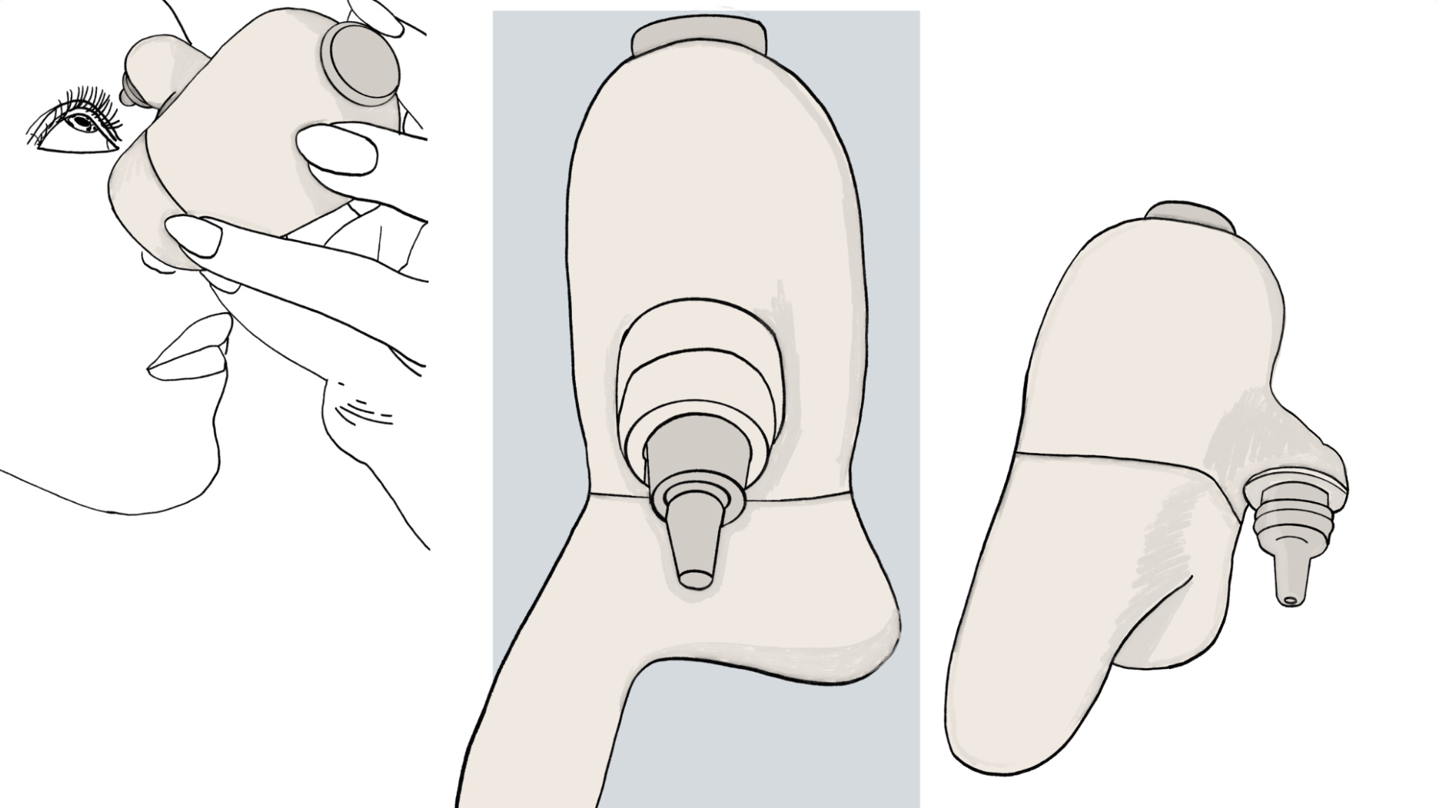 Concept sketches showing the Accessible Eyedrop Dispenser held against the face and viewed from the front and side