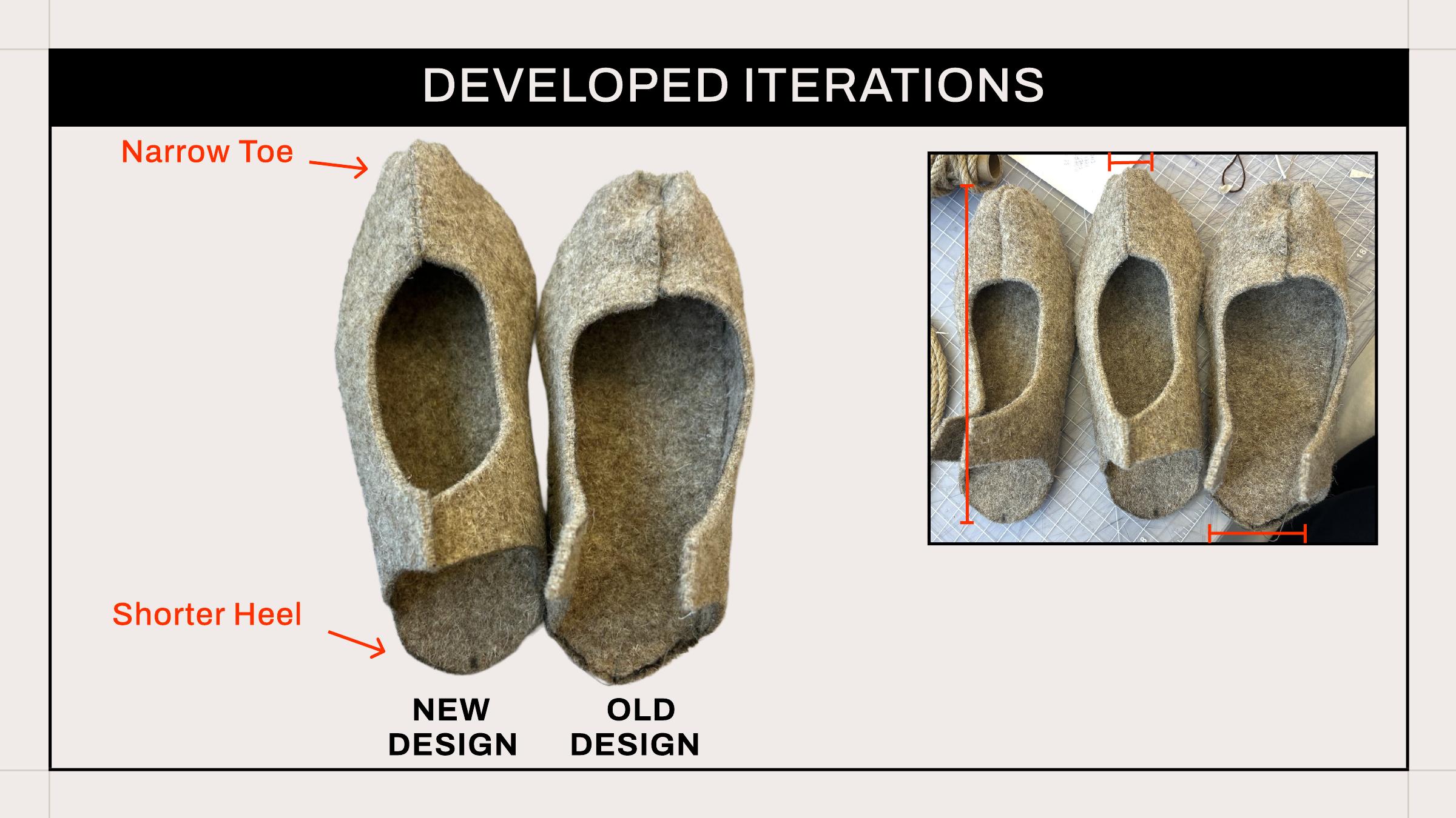 Comparison of old and new shoe forms with narrower toe and shorter heel