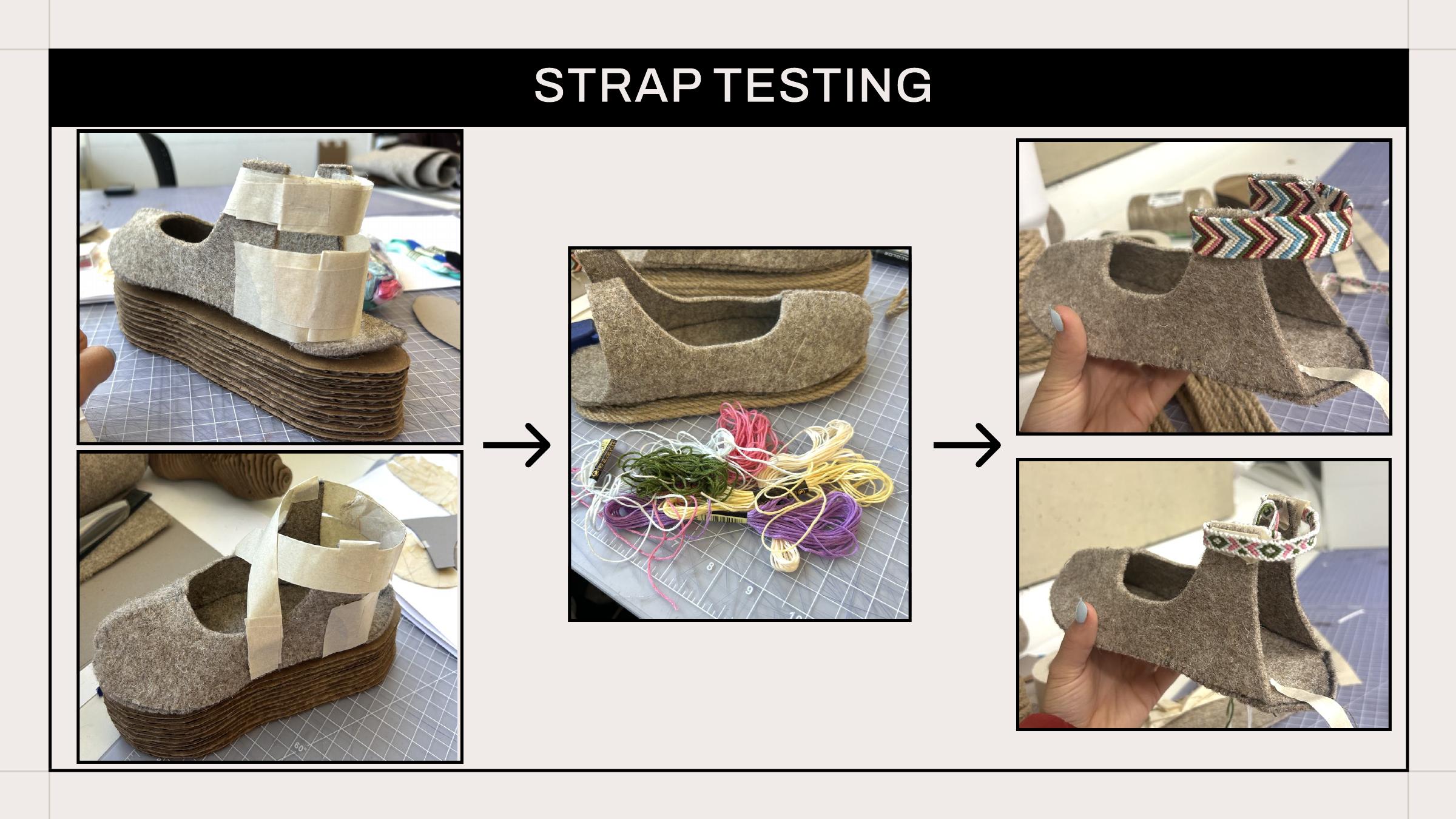 Progression of strap prototypes on the shoe