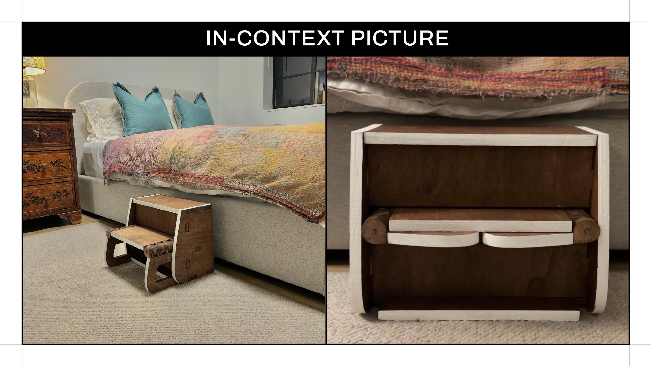 Step Up beside a bed with the folding step open and closed