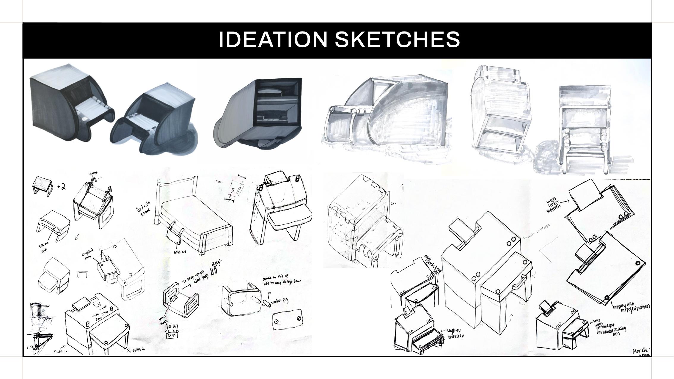 Early sketches exploring folding bedside step stool forms